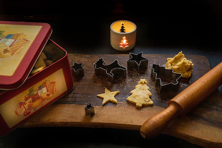 scatola, candela, Natale, Capodanno, pasta, mattarello, stampi, печеньк, Sfondo HD
