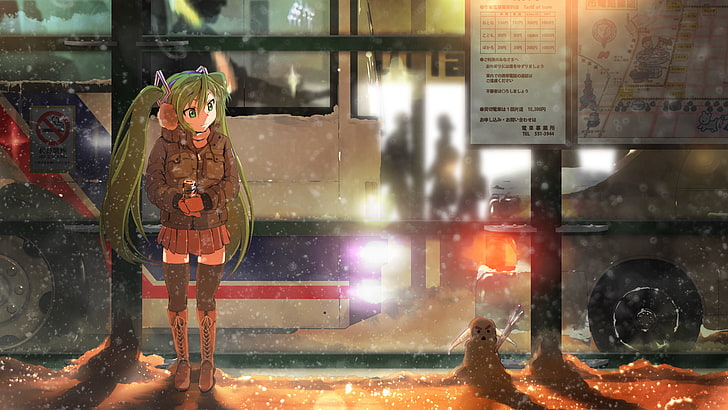 grönhårig kvinnlig anime karaktär vektorkonst, vinter, flicka, snö, natt, lampor, karta, var, snögubbe, buss, dryck, vocaloid, hatsune miku, stopp, HD tapet