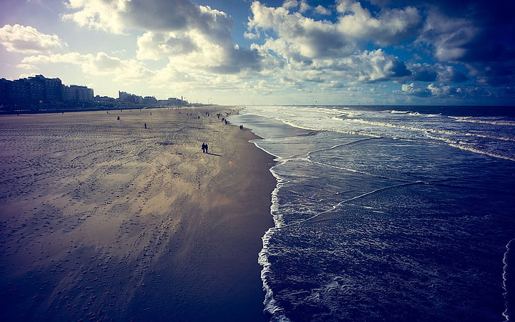 brown sea sand, beach, sea, sand, sky, clouds, landscape, HD wallpaper