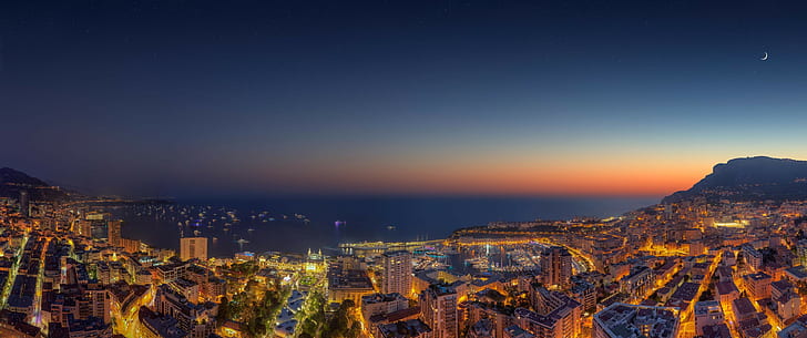 Ultrawide, Abenddämmerung, Stadtbild, Meer, Schiff, HD-Hintergrundbild