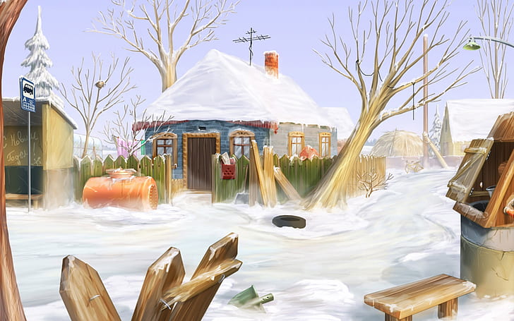 Зимен дом на снега, зима, дом, сняг, HD тапет
