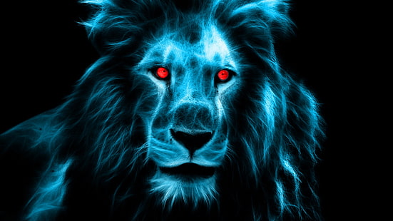 leone, arte digitale, illuminazione, occhi rossi, splendore, splendore, gatto grande, re leone, oscurità, Sfondo HD HD wallpaper