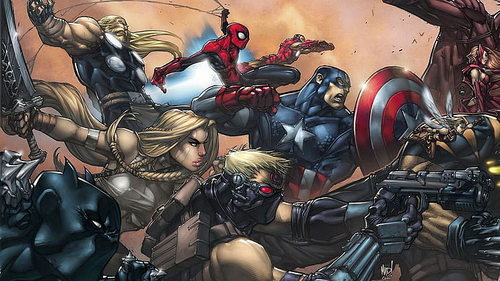 Обои героев Marvel, комиксы, Человек-паук, Капитан Америка, Мстители, Тор, Соколиный Глаз, Черная Пантера, Железный Человек, HD обои