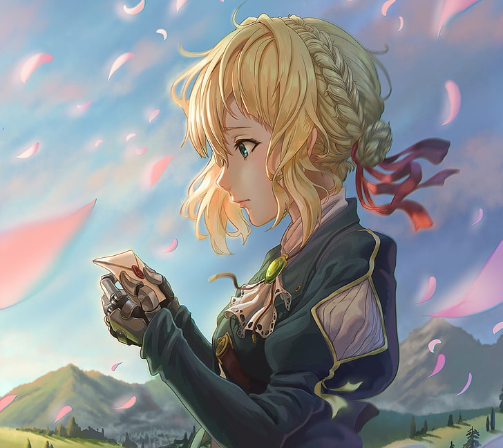 violet evergarden, blond, lettre, pétales, vue de profil, Anime, Fond d'écran HD