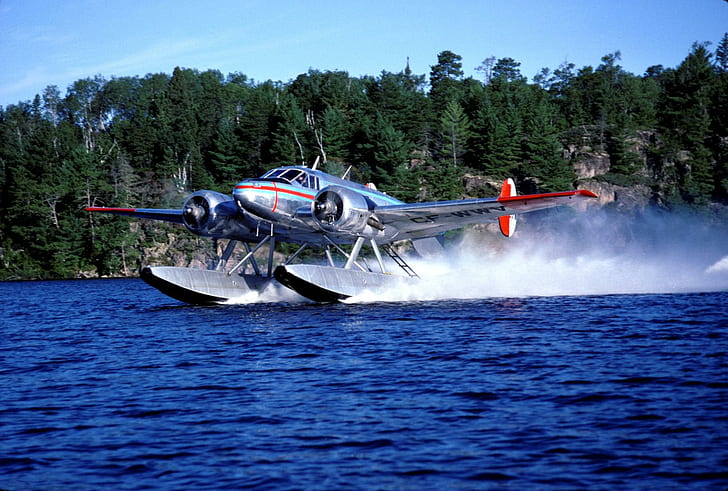 Beechcraft Model 18, jezioro, silnik, buk, statek bukowy, model, pływaki, bliźniak, samoloty lotnicze, Tapety HD