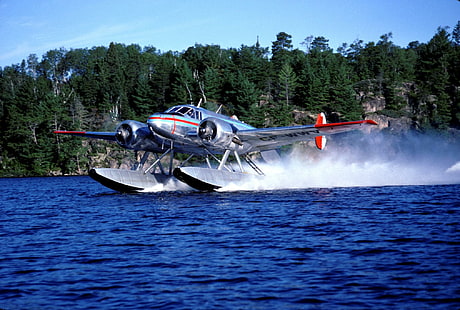 Beechcraft Model 18, lake, engine, beech, beechcraft, model, floats, twin, aircraft planes, HD wallpaper HD wallpaper
