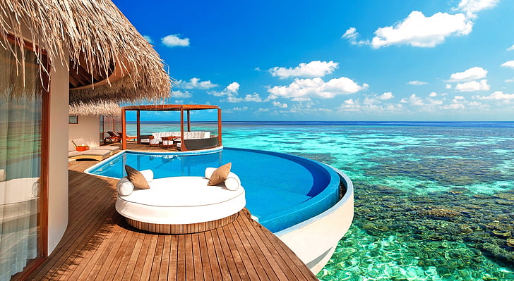 Luxury Water Bungalows Maldives, cabane nipa brune, Voyage, Îles, Océan, Exotique, Paradis, Paysage, Été, Rêve, Eau, Tropical, Sable, Summertime, Luxe, Vacances, Bungalow, Bungalows sur pilotis, Bungalows sur l'eau, Fond d'écran HD
