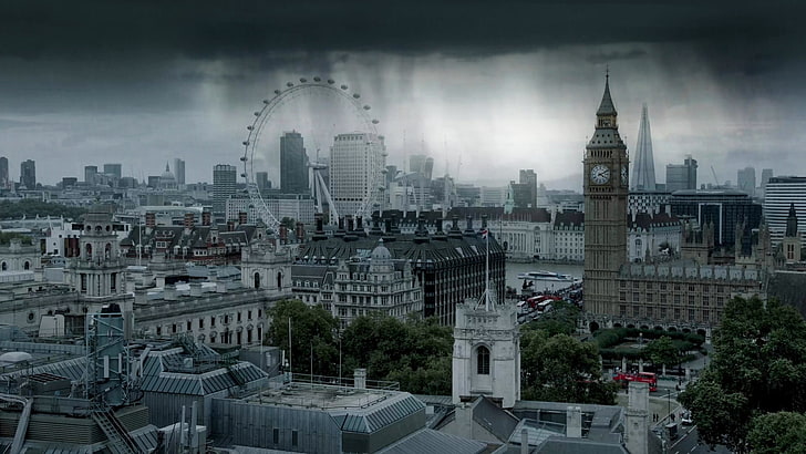 عين لندن ، لندن ، المدينة ، cityscape ، المطر ، السحب ، المملكة المتحدة ، The Shard، خلفية HD