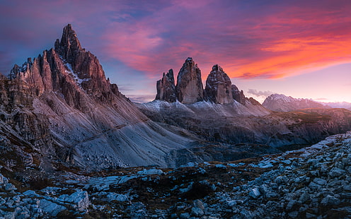Dolomity Włochy Tre Cime Di Lavaredo zachód słońca fotografia krajobrazowa pulpit tapeta hd na tablet pc i telefon komórkowy 3840 × 2400, Tapety HD HD wallpaper
