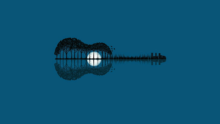 guitar, moon, trees, fantasy art, landscape, reflection, blue, sky, graphics, graphic design, HD wallpaper