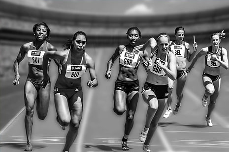 спортсмены, легкая атлетика, чёрно-белое, соревнования, фит, монохромный, люди, гонки, бег, бег, спорт, трасса, женщины, HD обои HD wallpaper