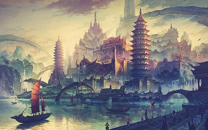 kastil dekat badan air wallpaper digital, karya seni, perahu, arsitektur Asia, seni fantasi, kota fantasi, China Town, menggambar, kuno, Wallpaper HD