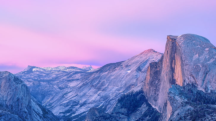 halv kupol, himmel, berg, Yosemite nationalpark, nationalpark, ås, massiv, lila himmel, lila landskap, vinter, toppmöte, HD tapet