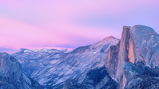 купол половины, небо, гора, национальный парк Йосемити, национальный парк, горный хребет, массив, фиолетовое небо, фиолетовый пейзаж, зима, саммит, HD обои HD wallpaper