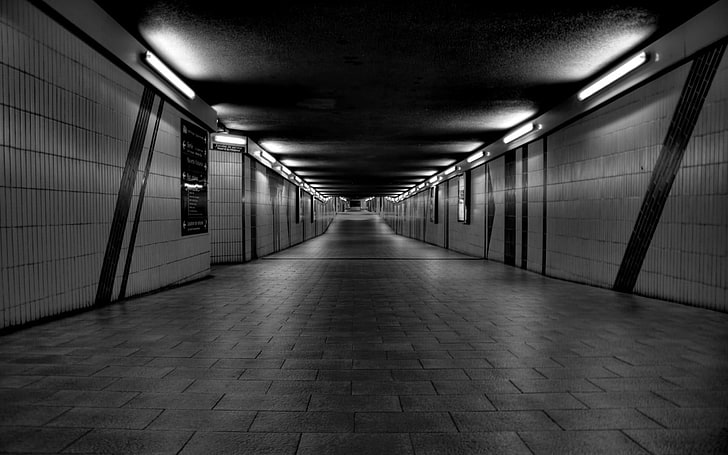 black and white folding chair, tunnel, underground, lights, architecture, photography, HD wallpaper