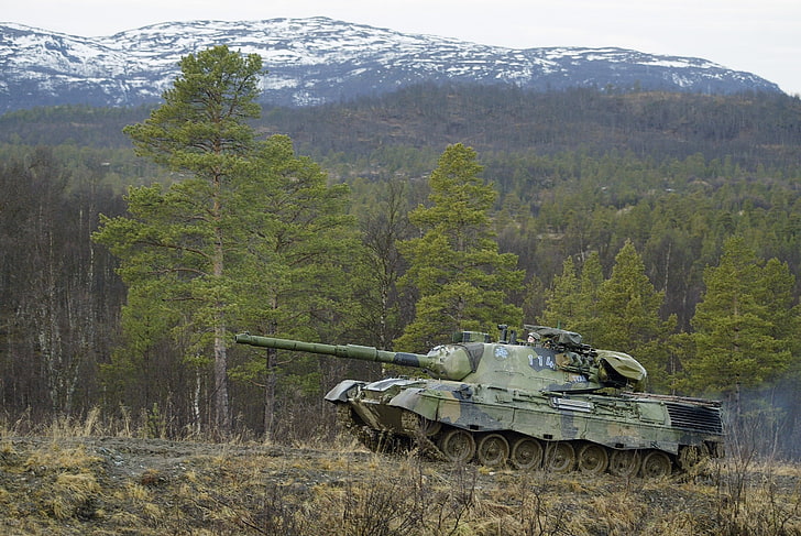 green and black battle tank, forest, tank, leopard1, HD wallpaper