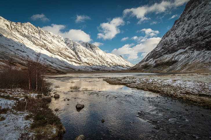 landscape photo of river between snow covered mountains, glencoe, glencoe, Glencoe, landscape, photo, mountains, Scotland, Scottish Highlands, snow  river, water, rocks, trees, nature, rugged, UK, Nikon D800E, mountain, scenics, outdoors, snow, river, lake, HD wallpaper