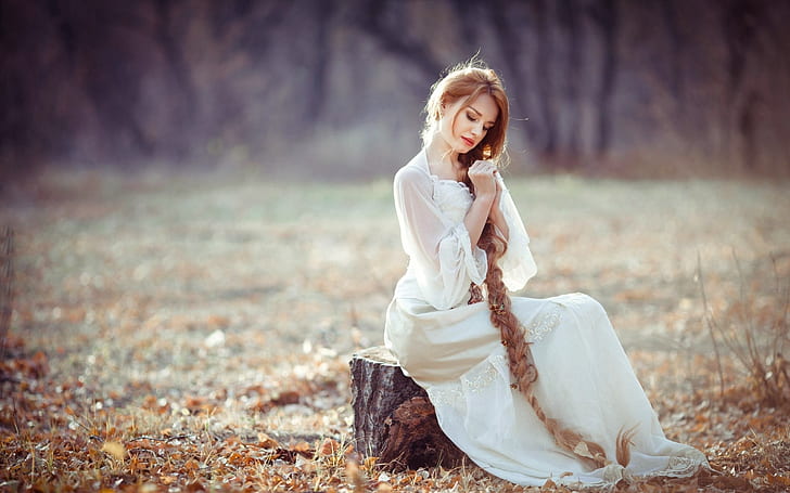 White dress girl, sitting on stump, long blonde hair, White, Dress, Girl, Sitting, Stump, Long, Blonde, Hair, HD wallpaper