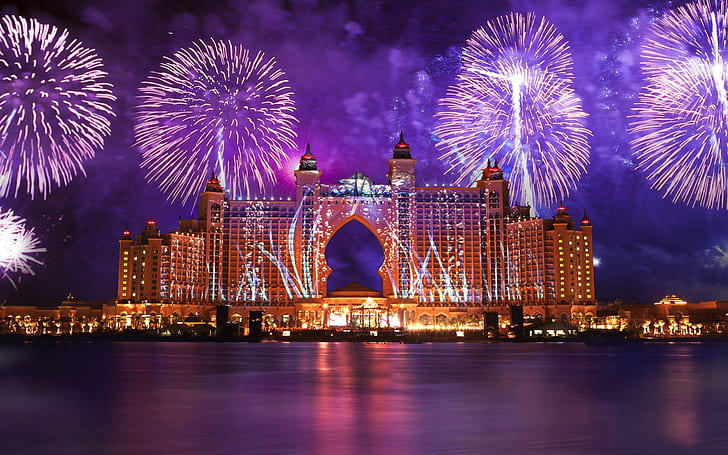 Dubai Infernale, lights, festival, beautiful, orient, colors, dubai, desert, firework, city, animals, HD wallpaper