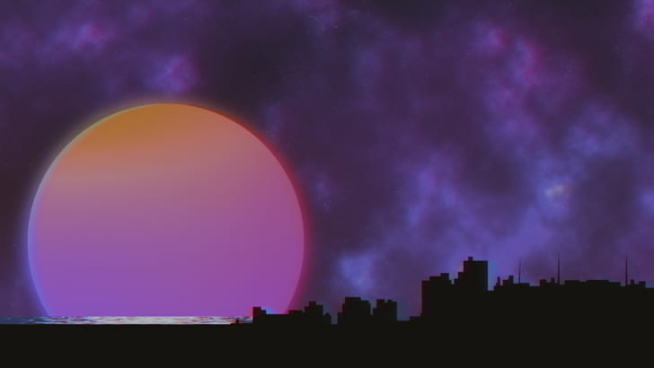vaporwave, Retrowave, fond violet, coucher de soleil, paysage urbain, nuit, Fond d'écran HD