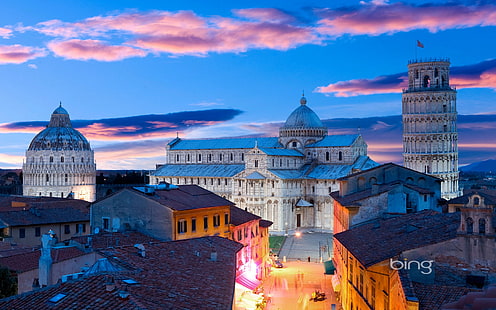 Pisa, Italia, la Cattedrale, piazza de miracoli in Italia, Italia, Pisa, il cielo, il campanile, la torre, la Cattedrale, le nuvole, le luci della sera, Sfondo HD HD wallpaper