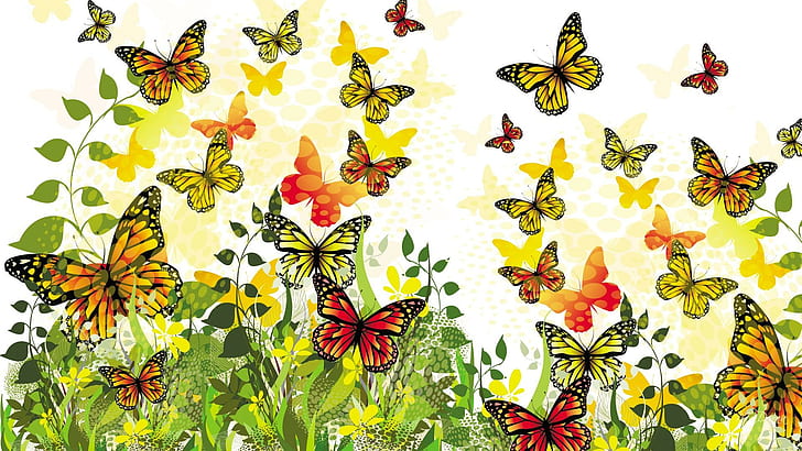 Dance Of The Butterflies, grass, garden, summer, papillon, bright, butterfly, artistic, spring, vines, colorful, butterflies, HD wallpaper