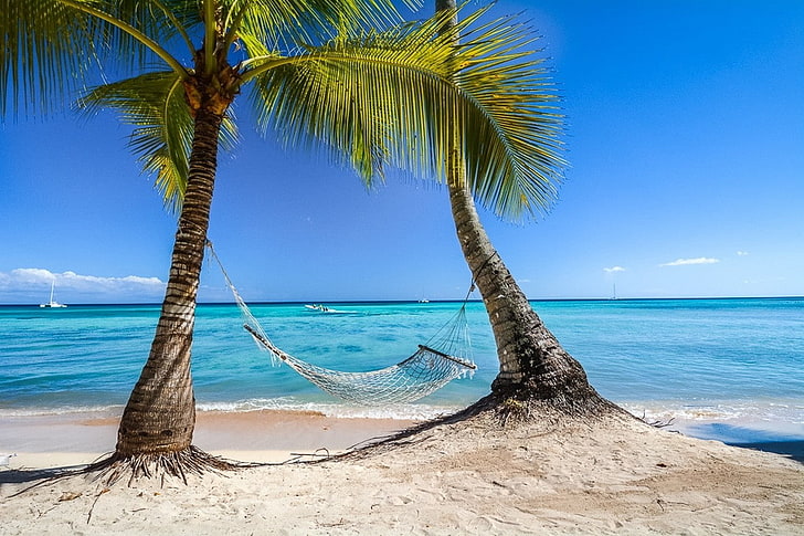 beach, Caribbean, Dominican Republic, Hammocks, island, landscape, nature, Palm Trees, photography, Sailboats, sand, sea, summer, tropical, HD wallpaper