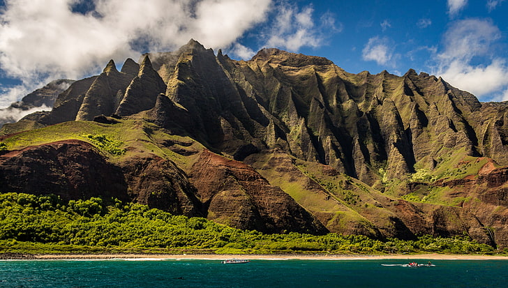 puncak gunung, alam, air, gunung, tebing, pantai, Hawaii, Wallpaper HD