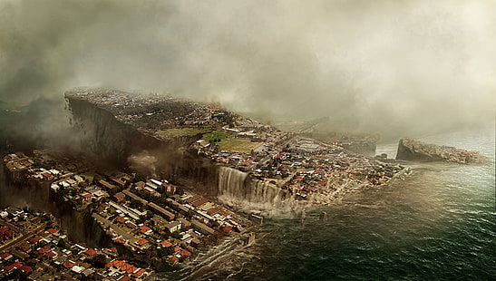 небето, градът, Апокалипсис, сградата, наводнението, разрушението, панорамата, краят на света, пробив, HD тапет HD wallpaper