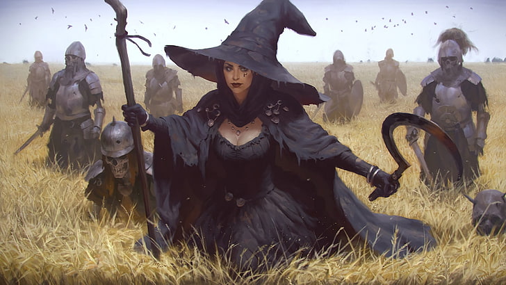 женский костюм черной ведьмы, живопись, некроманты, посох, серп, скелет, пшеница, ворона, фэнтези-арт, броня, ведьма, HD обои