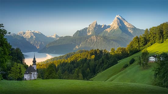 ป่า, ภูเขา, ทะเลสาบ, บ้าน, เยอรมนี, ลาดชัน, บาเยิร์น, คริสตจักร, บาวาเรีย, Bavarian Alps, The Bavarian Alps, Berchtesgaden, Mount Watzmann, โบสถ์ Maria Gern, โบสถ์ Maria Gern, ทะเลสาบ Königssee, Гора Вацманн, วอลล์เปเปอร์ HD HD wallpaper