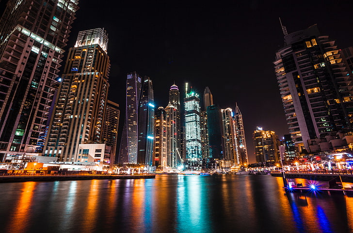 gray concrete buildings, dubai, united arab emirates, skyscrapers, night, HD wallpaper