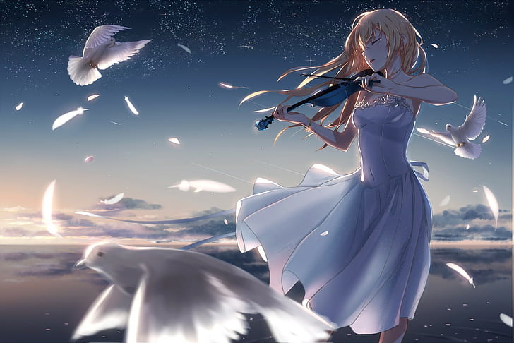 white dress long hair tears birds feathers flower petals sky clouds shooting stars water anime girls anime violin shigatsu wa kimi no uso miyazono kaori, HD wallpaper