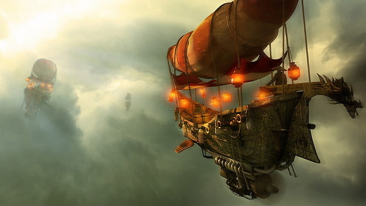 wallpaper digital airship, airships, seni fantasi, seni digital, langit, awan, Wallpaper HD