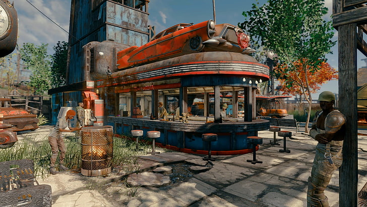 Stand de nourriture bleu et rouge, Fallout 4, Xbox One, Fond d'écran HD