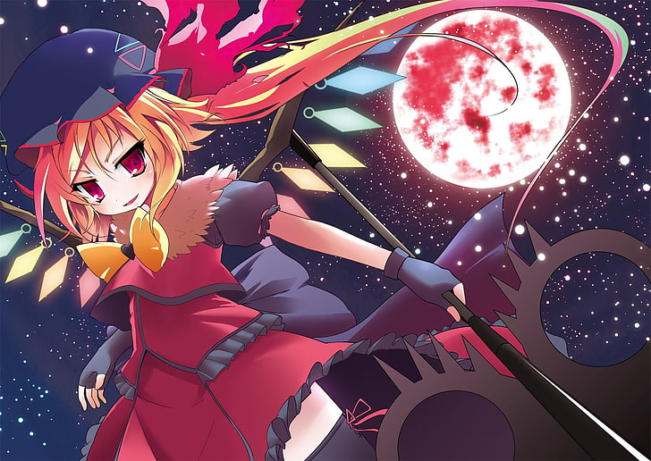 weibliche Anime Charakter Tapete, Anime, Touhou, Flandre Scarlet, Mond, Stab, Vampir, Flügel, HD-Hintergrundbild
