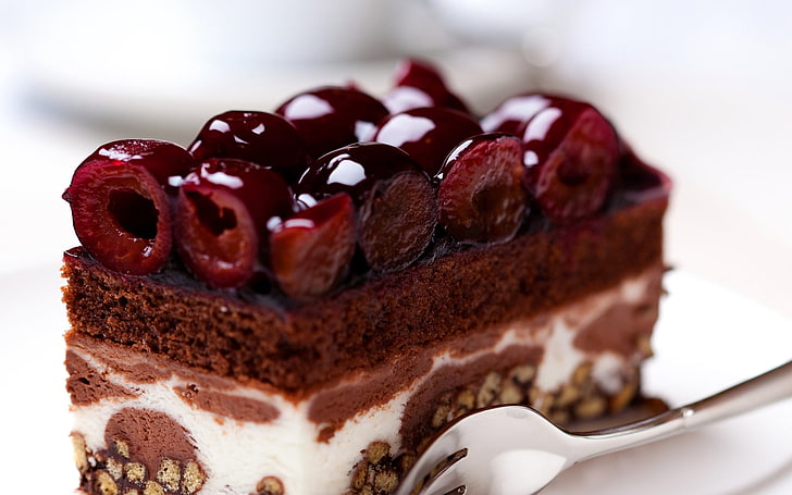 cake with cherry, cake, sweet, dessert, berries, cherries, cream, fork, plate, syrup, HD wallpaper