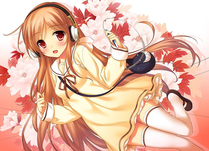 long brown-haired female anime character, anime girls, anime, thigh-highs, HD wallpaper