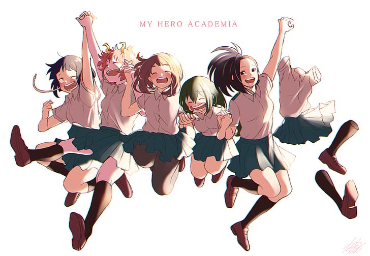 Akademia Bohaterów Boku no, Jirō Kyōka, Momo Yaoyorozu, Uraraka Ochako, Tsuyu Asui, Ashido Mina, Hagakure Tōru, Tapety HD