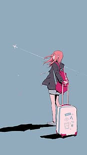 애니메이션 소녀, 여행 가방, 비행기, HD 배경 화면 HD wallpaper