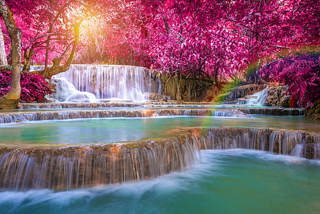 fondos de pantalla de cascadas, fotografía de paisajes de cascadas, cascadas, árboles, otoño, Laos, arco iris, larga exposición, Fondo de pantalla HD HD wallpaper