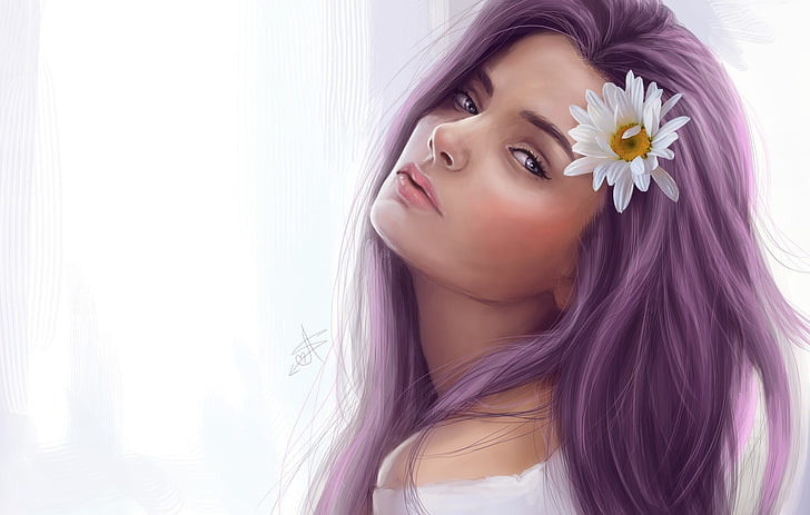 woman wearing white top with purple hair digital wallpaper, flower, girl, hair, Daisy, art, everyday, HD wallpaper