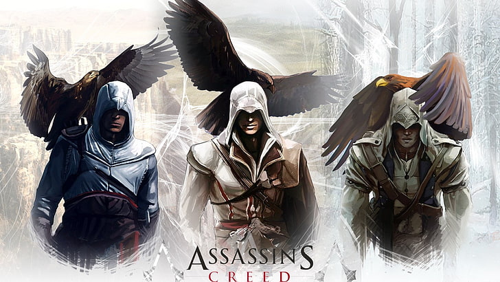 Assassin's Creed cover screenshot, Assassin's Creed, Altaïr Ibn-La'Ahad, Ezio Auditore da Firenze, Conner Kenway, Assassin's Creed 2, Assassin's Creed III, hawks, eagle, video games, HD wallpaper