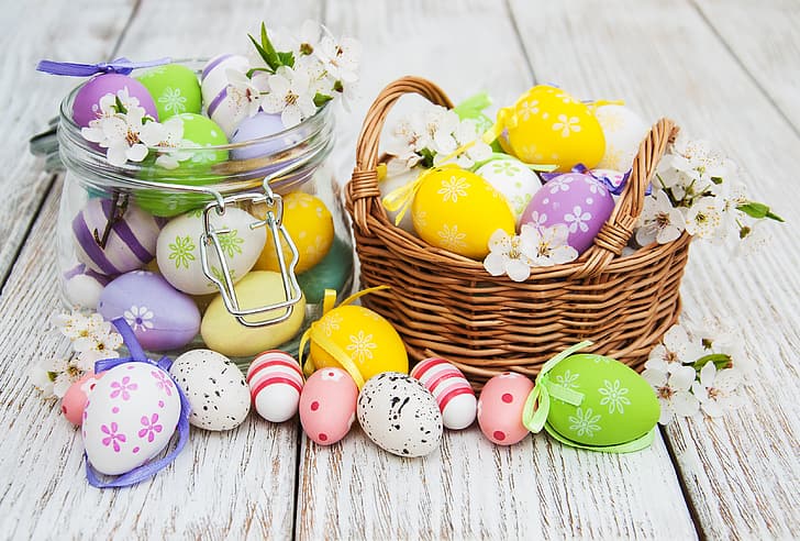 flowers, eggs, colorful, Easter, happy, wood, pink, blossom, spring, decoration, basket, HD wallpaper