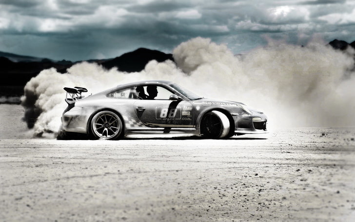 voiture de rallye grise, Porsche, poussière, désert, Porsche 911, dérive, Porsche 911 GT3 RS, voiture, véhicule, Fond d'écran HD