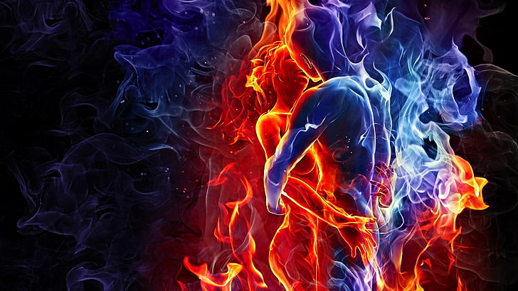 flame, fire, ice, passion, love, hug, fantasy art, opposites attract, kiss, HD wallpaper