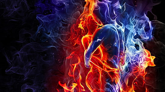 fiamma, fuoco, ghiaccio, passione, amore, abbraccio, fantasy art, opposti si attraggono, bacio, Sfondo HD HD wallpaper
