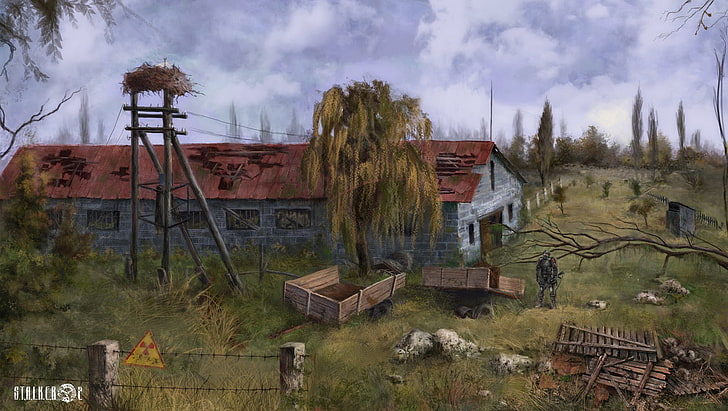 illustrazione grafica di casa grigia in cemento, stalker, area, pripyat, ucraina, magazzino, alberi, Sfondo HD