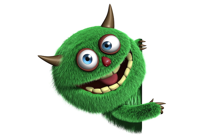 grüne Zeichentrickfigur, Monster, Gesicht, lustig, niedlich, flauschig, HD-Hintergrundbild