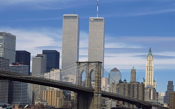widoki miast centrum handlu światowego brooklyn bridge nowy jork wieżowce na manhattanie most wiszący architektura mosty sztuka HD, wieżowce, most brookliński, widoki miast, Nowy Jork, World Trade Center, Manhattan, Tapety HD